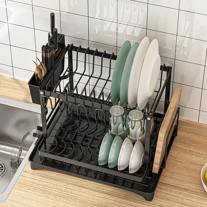 Modern two tier black metal dish drainer rack kitchen organizer