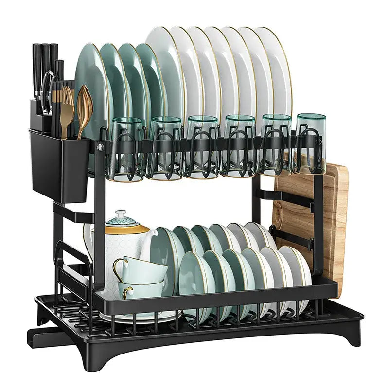 Modern two tier black metal dish drainer rack kitchen organizer