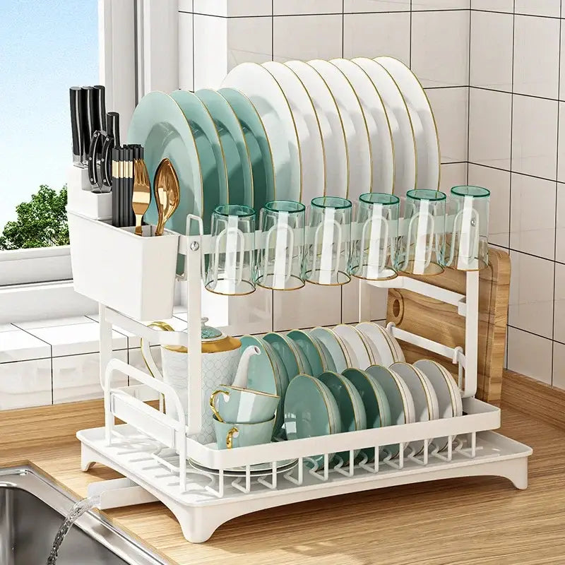 Modern two tier black metal dish drainer rack kitchen organizer