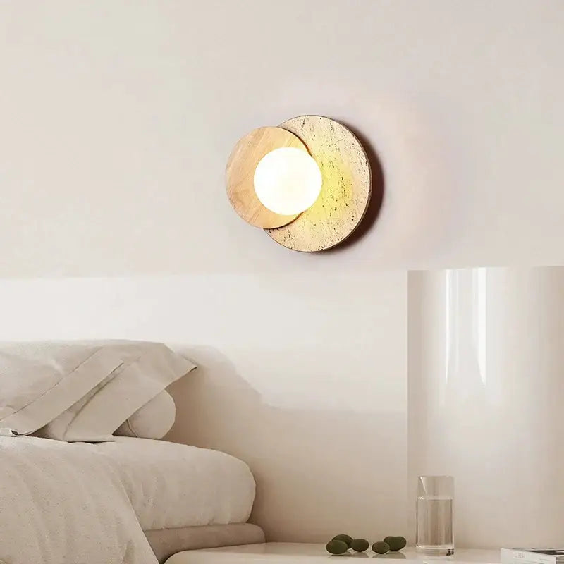 Modern walnut & cork led wall lamp bedroom circular sconce