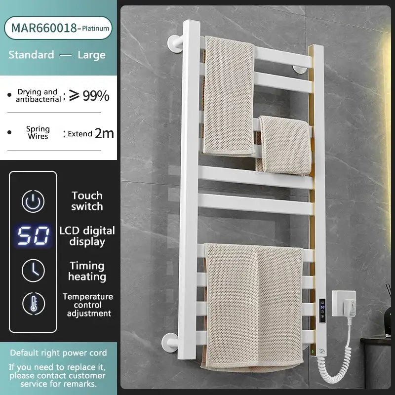 Modern white and gold electric towel radiator – bathroom storage shelf