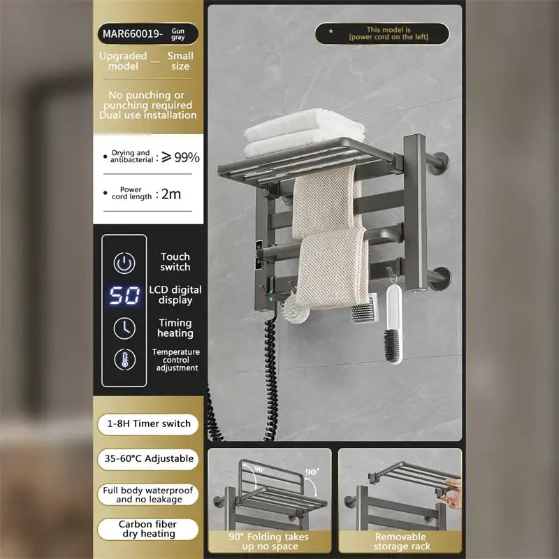Modern white and gold electric towel radiator – bathroom storage shelf