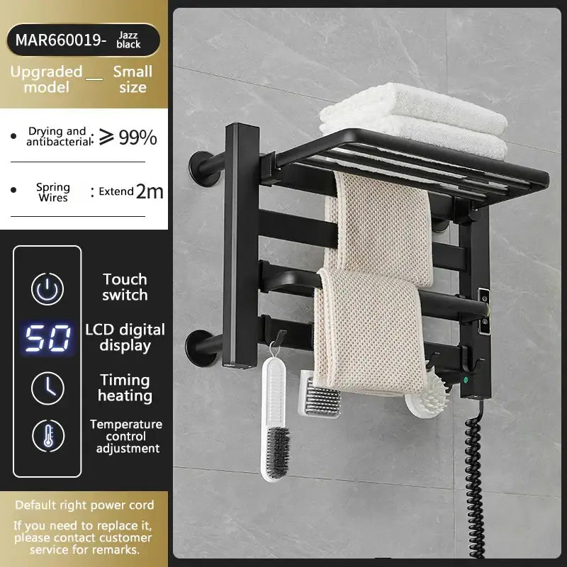 Modern white and gold electric towel radiator – bathroom storage shelf