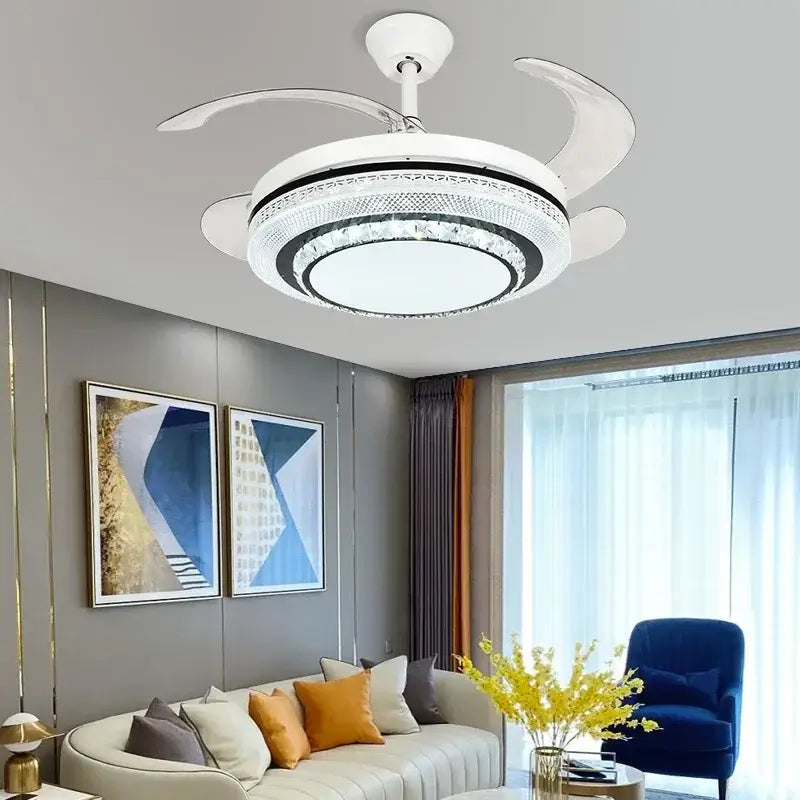 Modern white crystal led ceiling fan bedroom with remote control