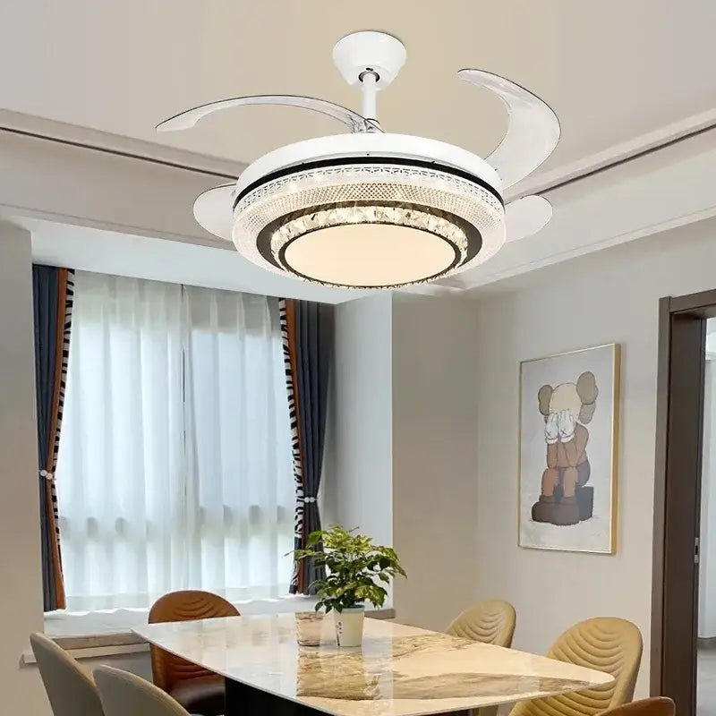Modern white crystal led ceiling fan bedroom with remote control