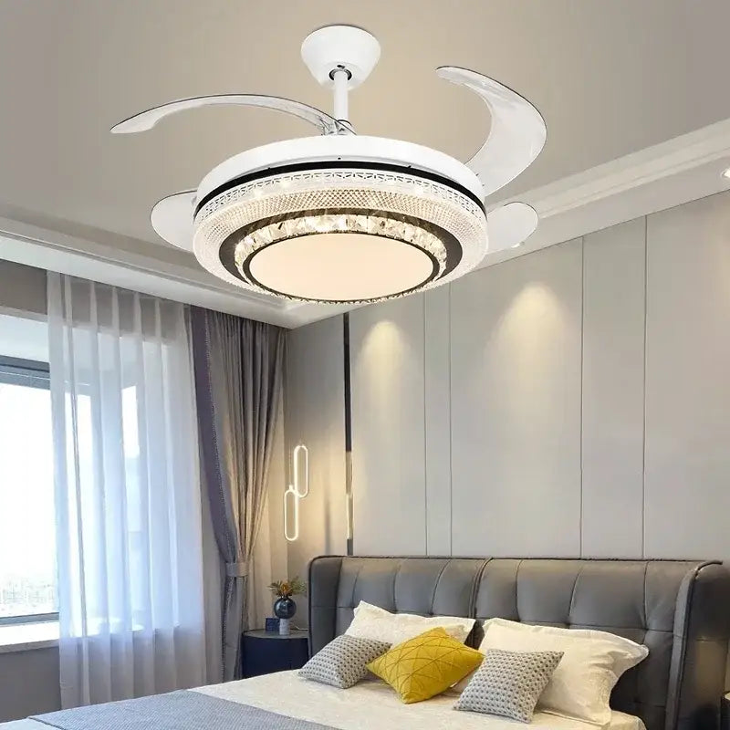 Modern white crystal led ceiling fan bedroom with remote control