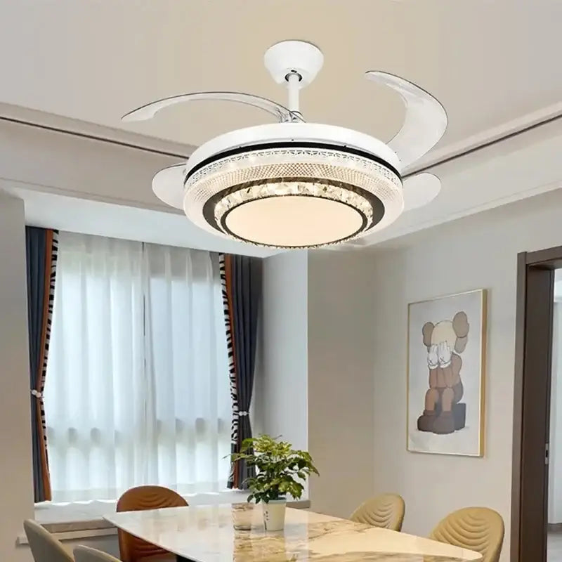 Modern white crystal led ceiling fan bedroom with remote control