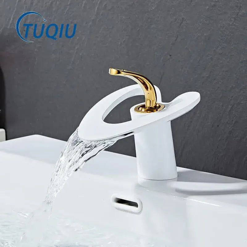 Modern white & gold waterfall basin faucet bathroom sink mixer tap