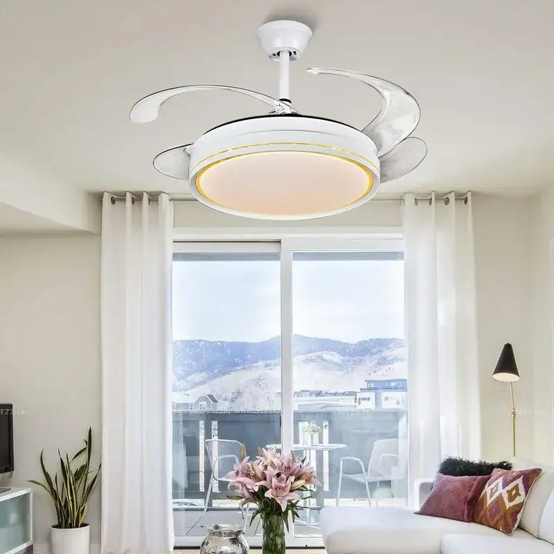 Modern white led ceiling fan living room curved blade design
