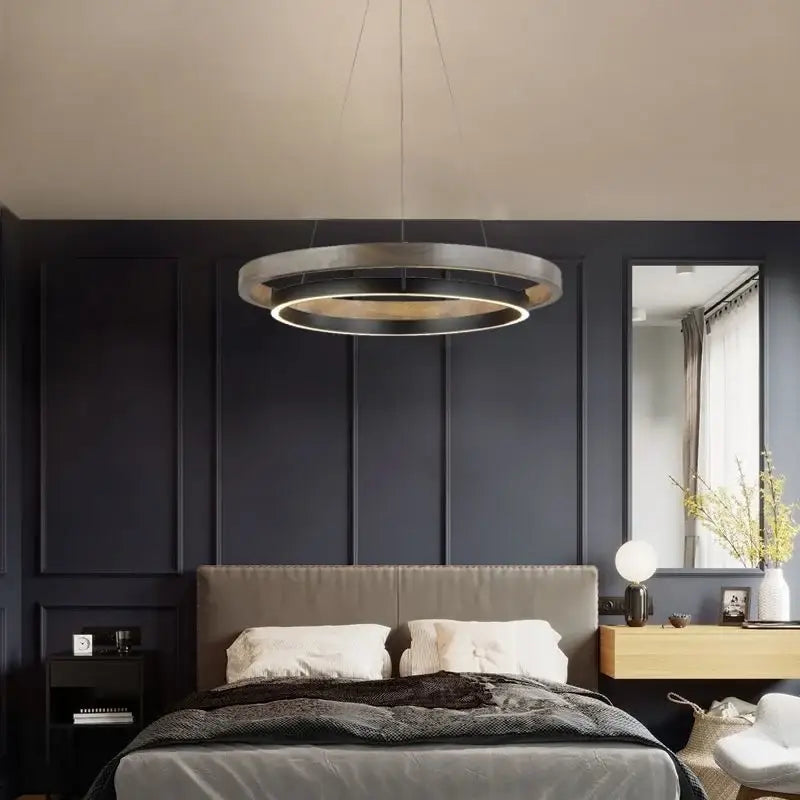 Modern wood and black double circular led chandelier dining room