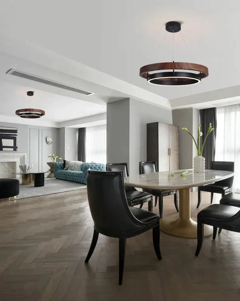 Modern wood and black double circular led chandelier dining room
