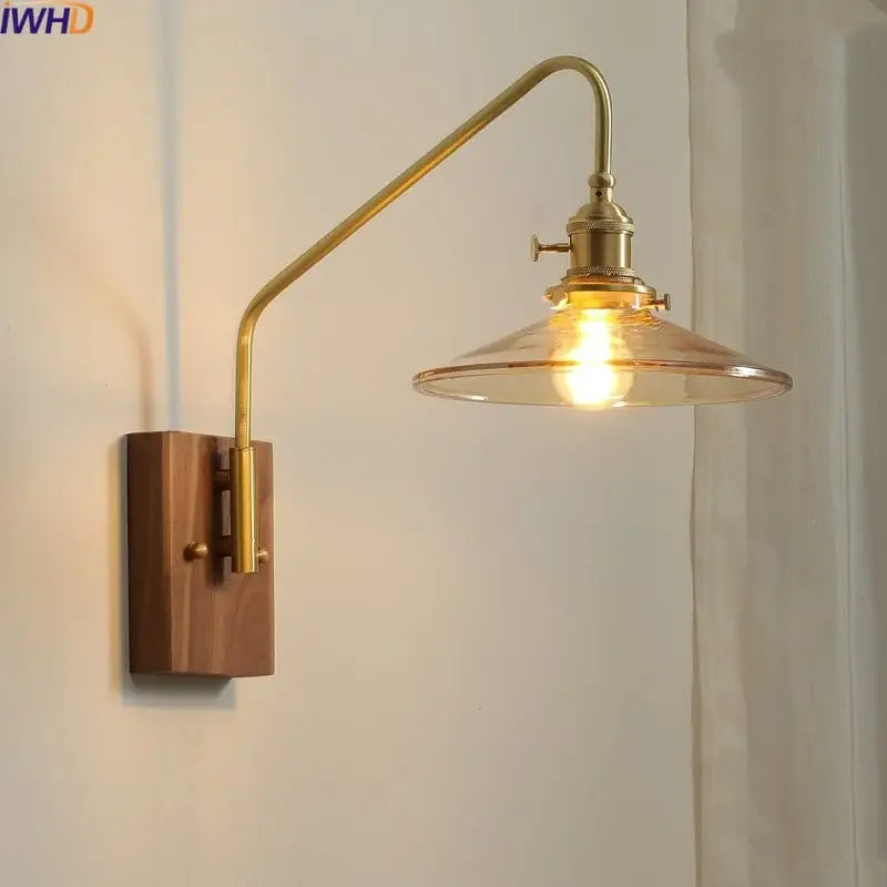 Modern wood and copper led wall sconce bedroom glass stair light
