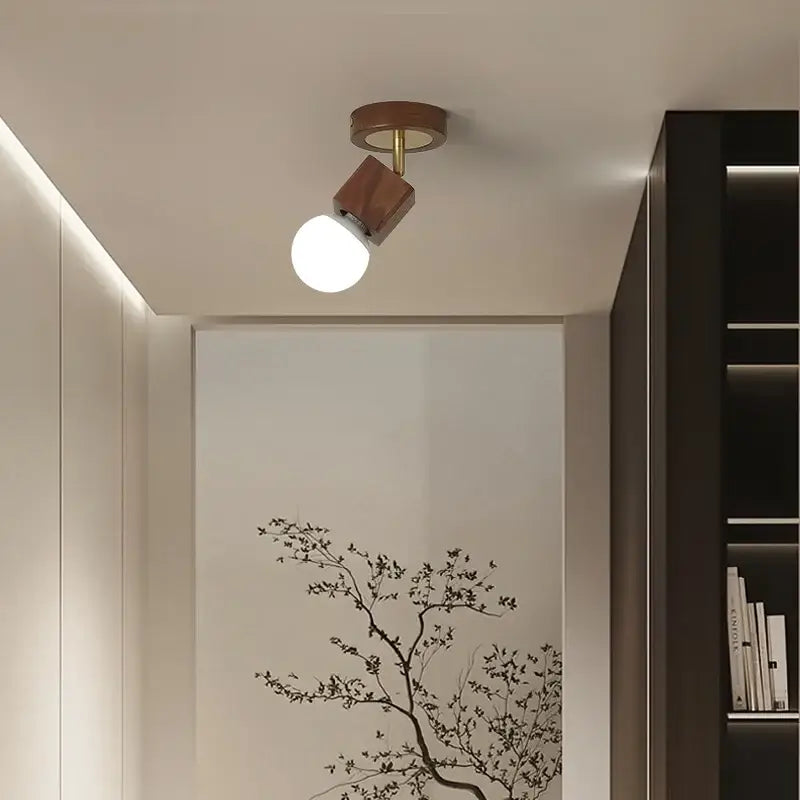 Modern wood & copper led ceiling light for bedroom adjustable spotlight