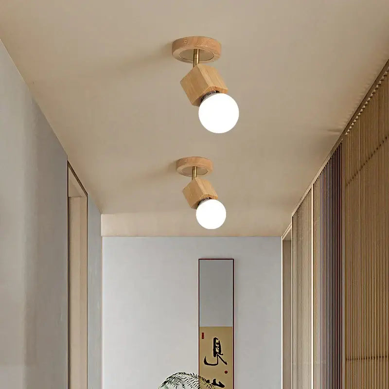 Modern wood & copper led ceiling light for bedroom adjustable spotlight