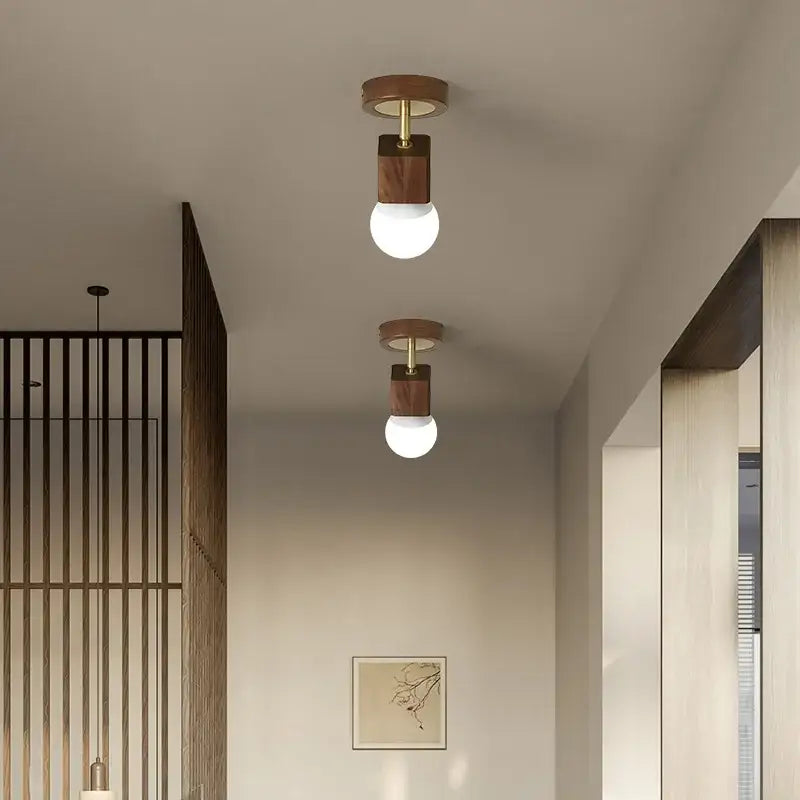 Modern wood & copper led ceiling light for bedroom adjustable spotlight