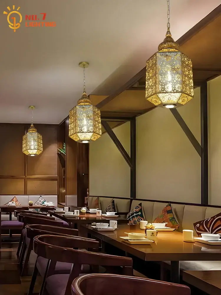 Moroccan gold lustre pendant lights for dining room geometric decor