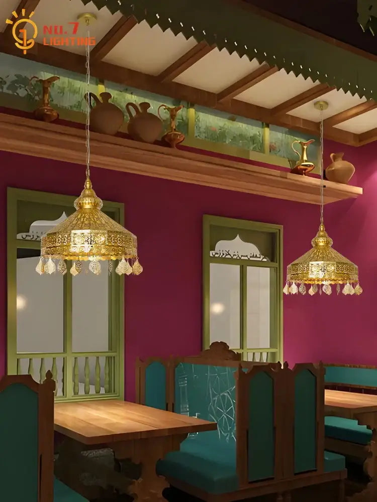 Moroccan gold lustre pendant lights for dining room geometric decor