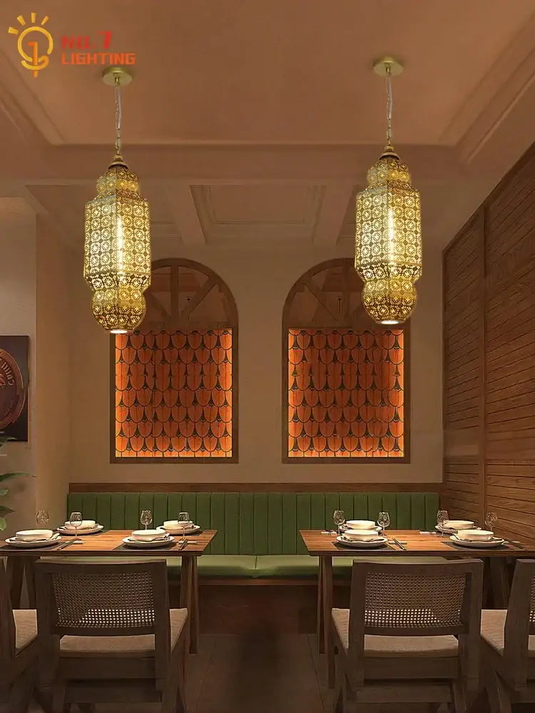 Moroccan gold lustre pendant lights for dining room geometric decor