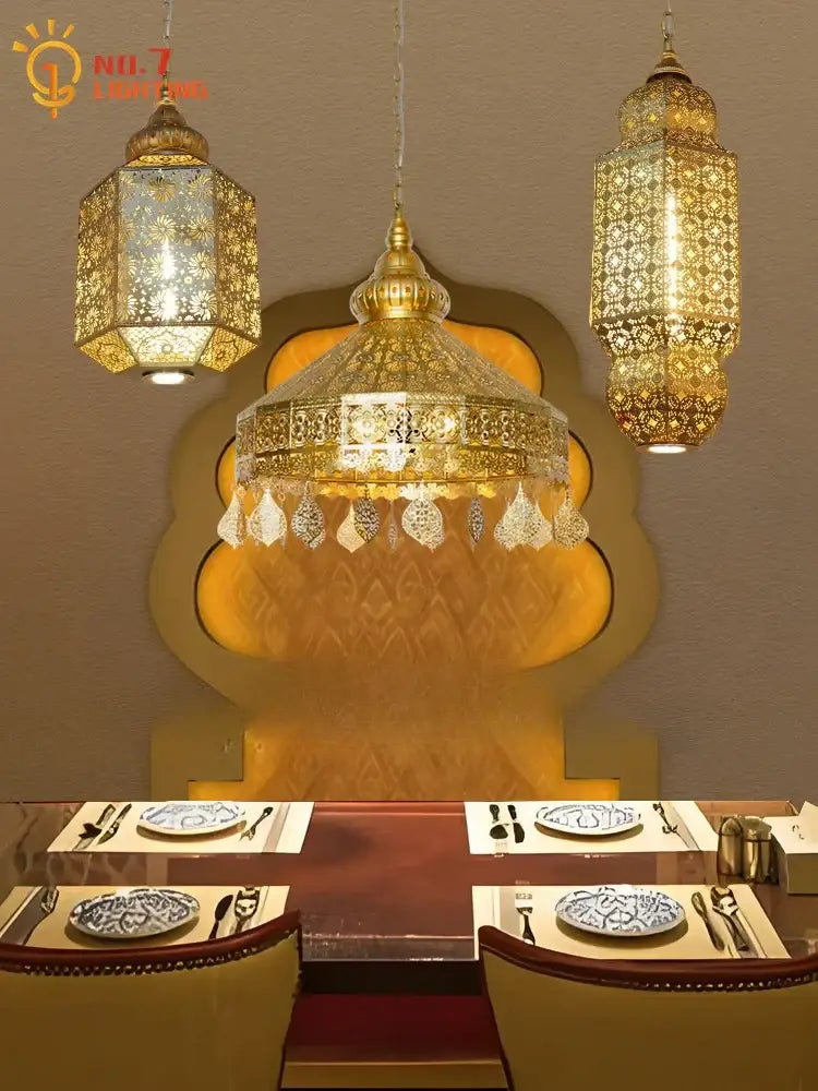 Moroccan gold lustre pendant lights for dining room geometric decor