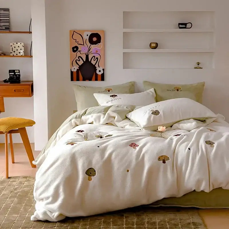 Mushroom embroidered cashmere winter duvet set bedroom bedding