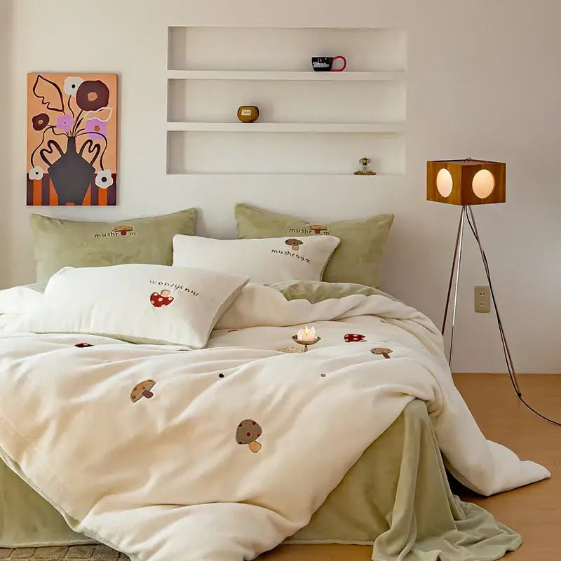 Mushroom embroidered cashmere winter duvet set bedroom bedding