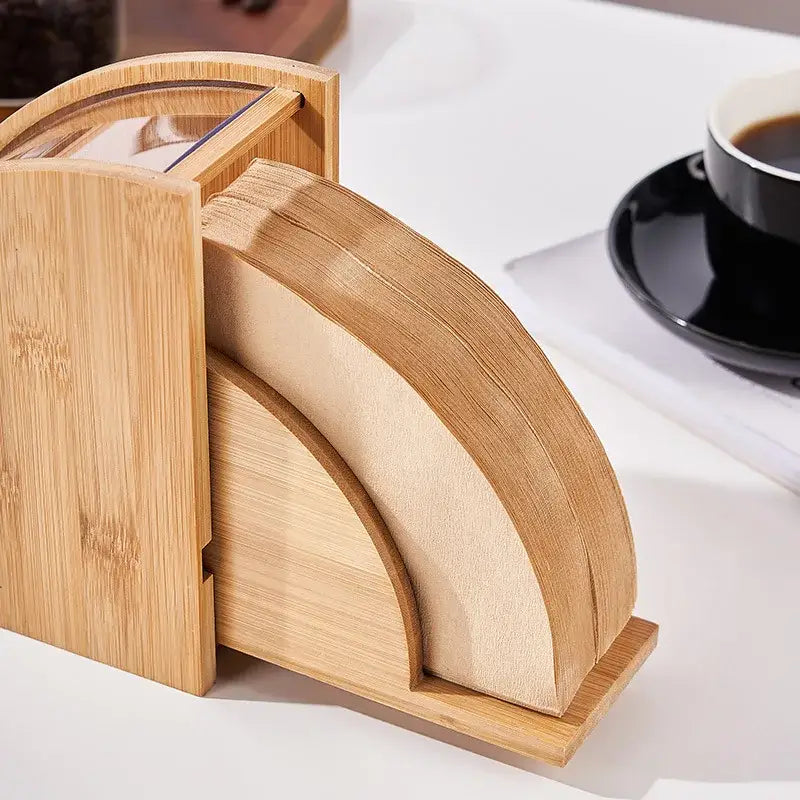 Natural bamboo coffee filter holder with filters kitchen storage