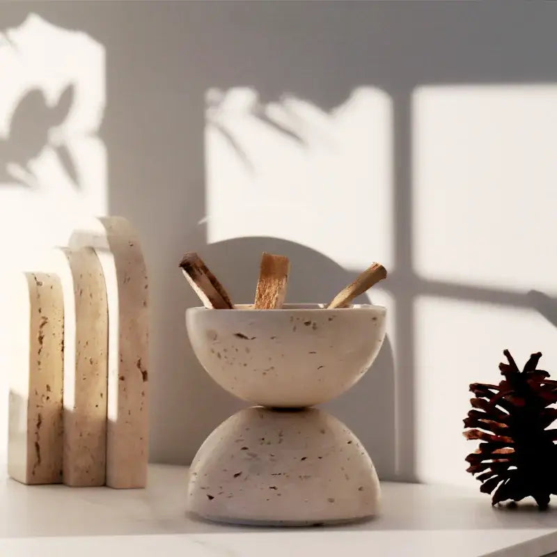 Natural beige travertine sphere incense burner living room decor