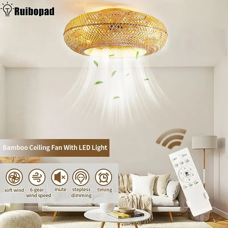 Natural woven bamboo ceiling fan with rattan cage light bedroom