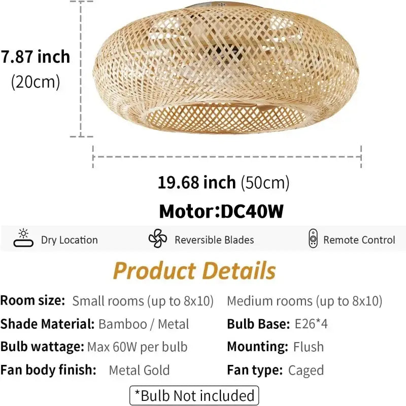 Natural woven bamboo ceiling fan with rattan cage light bedroom