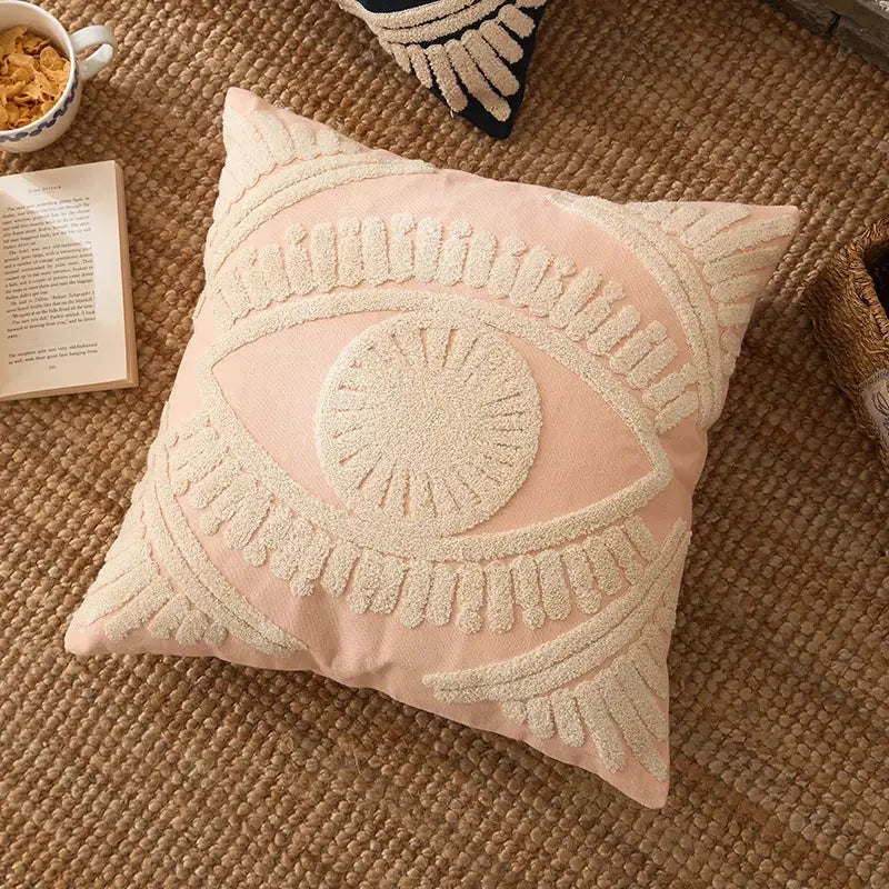 Navy & cream embroidered cotton pillow cover living room tufted decor