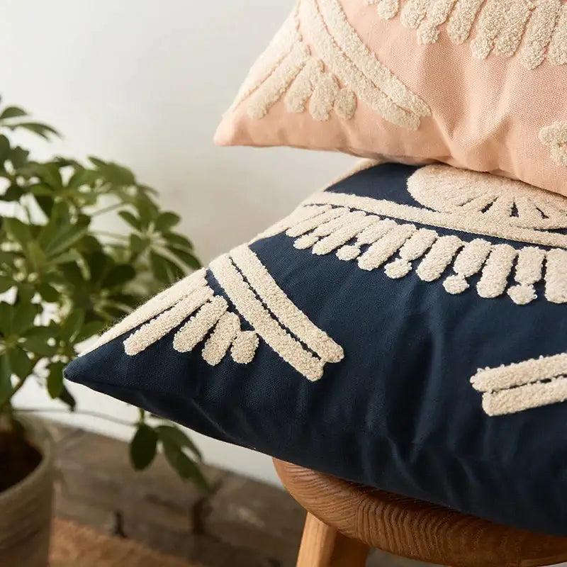 Navy & cream embroidered cotton pillow cover living room tufted decor