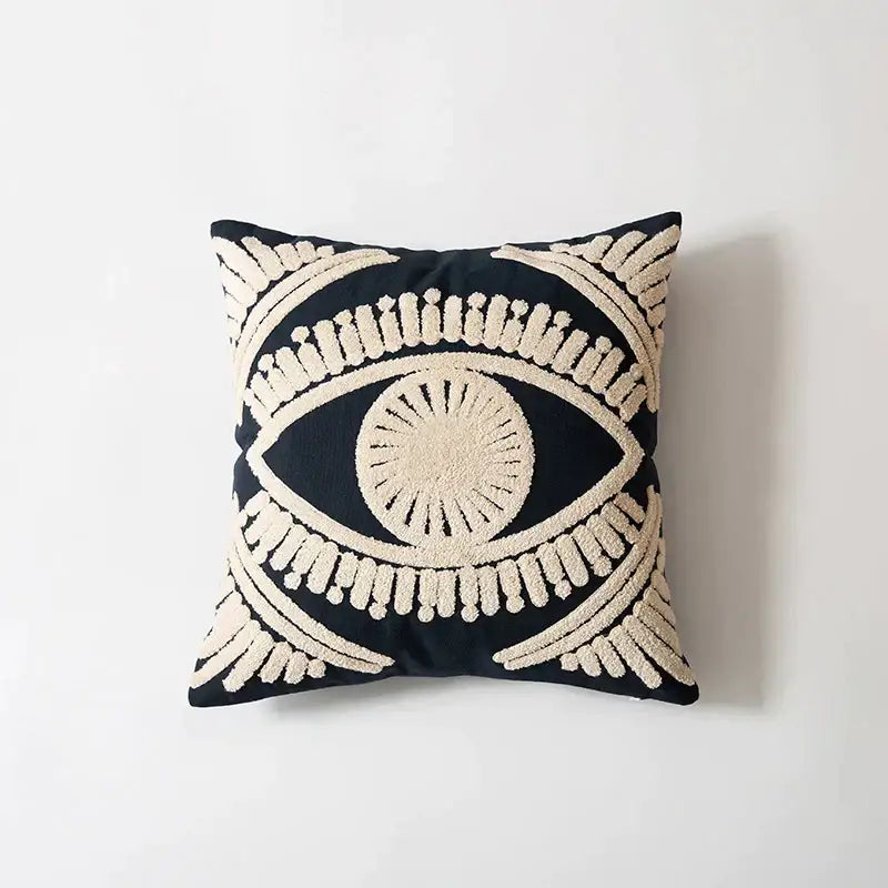Navy & cream embroidered cotton pillow cover living room tufted decor