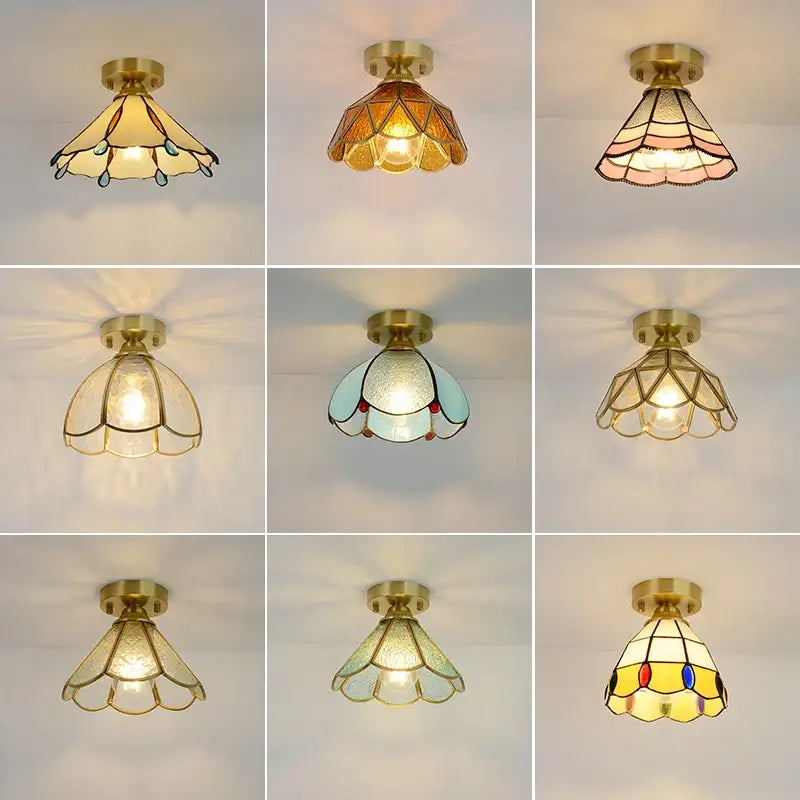 Nordic amber & teal stained glass copper led ceiling light bedroom