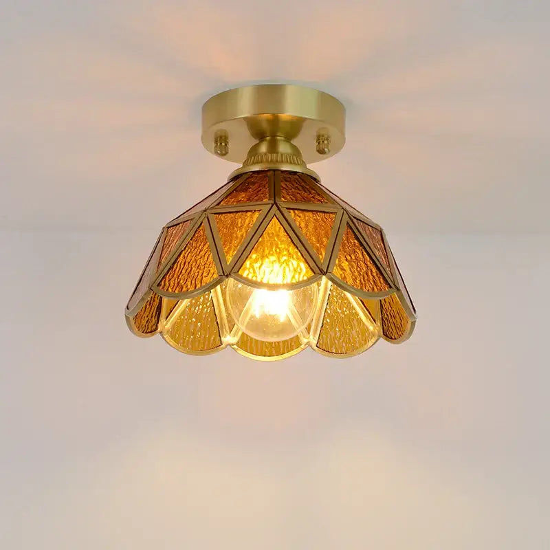 Nordic amber & teal stained glass copper led ceiling light bedroom