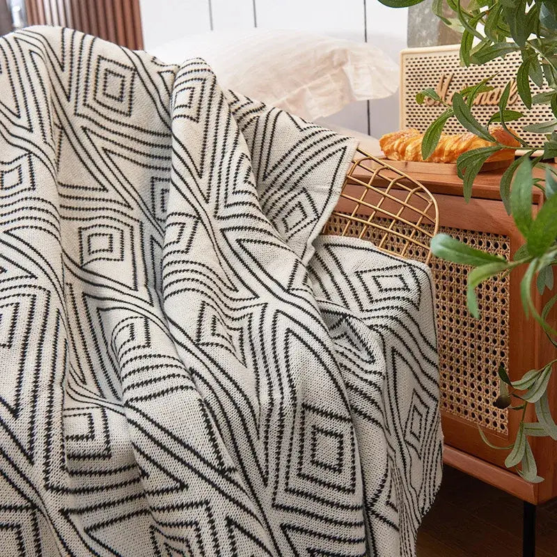 Nordic cream & black grey knitted woolen blanket living room throw