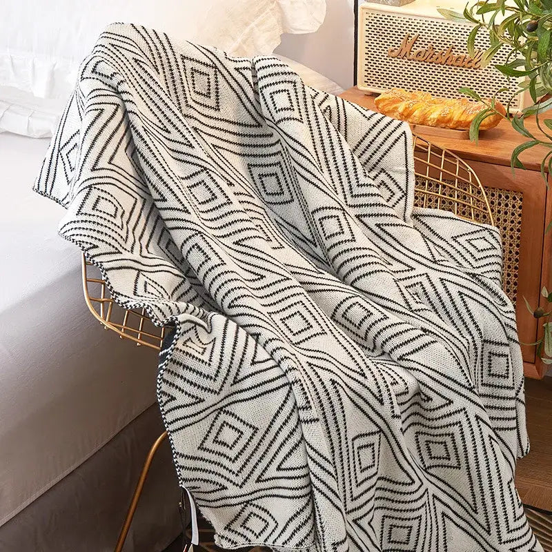 Nordic cream & black grey knitted woolen blanket living room throw