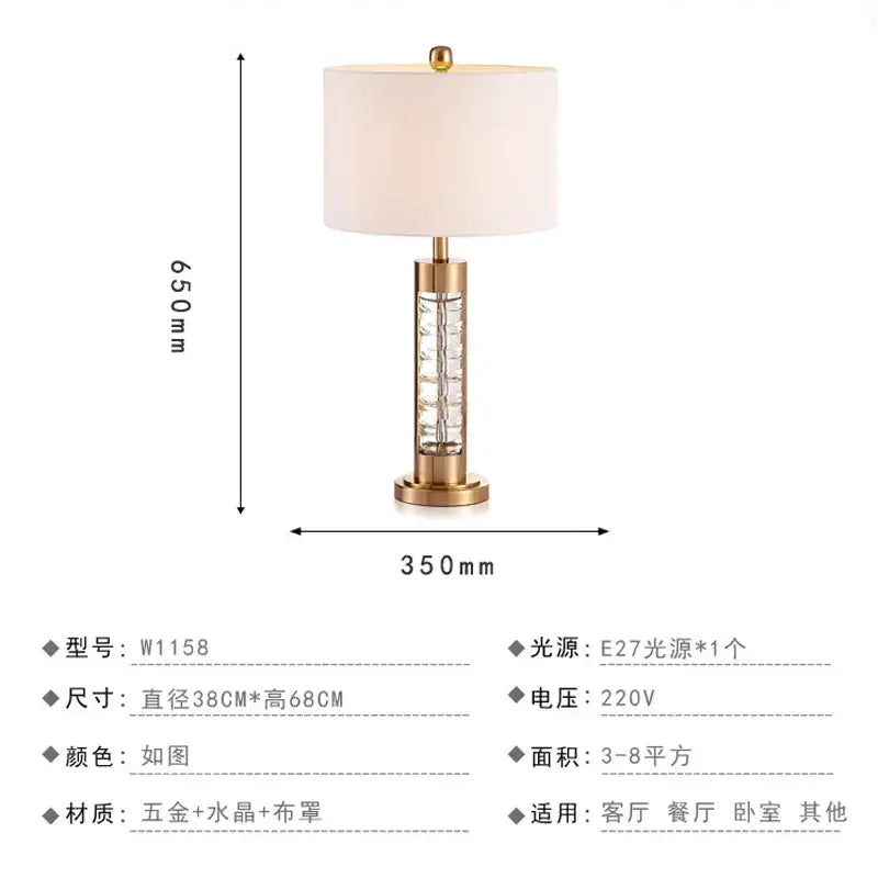 Nordic crystal table lamp for bedroom with brass accents