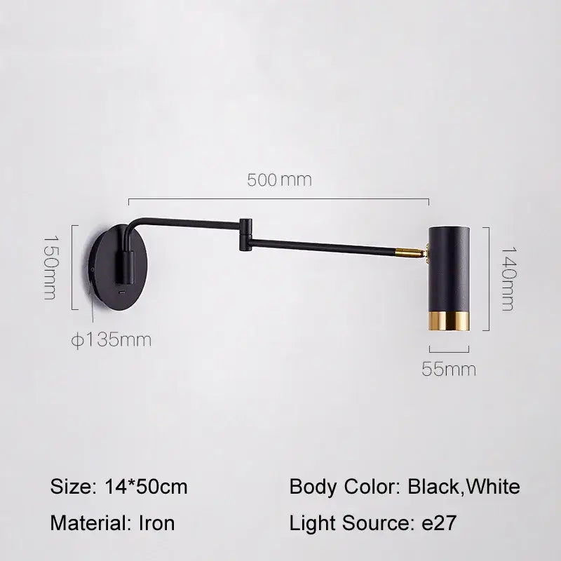 Nordic white & gold adjustable led swing arm wall light bedroom sconce