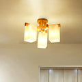 Nordic wood and cuboid cream glass ceiling lamp living room light