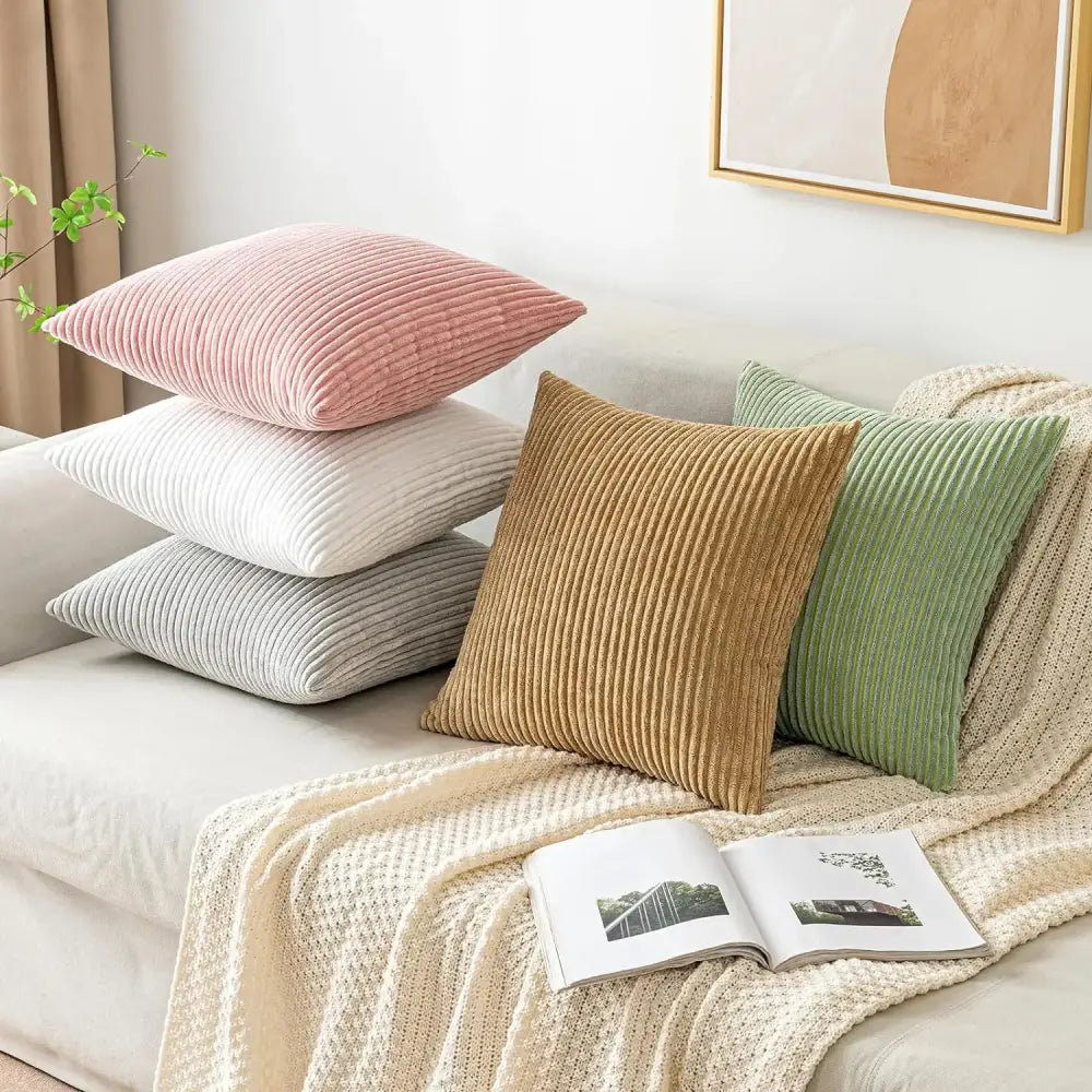 Off white ribbed corduroy striped throw pillow covers living room