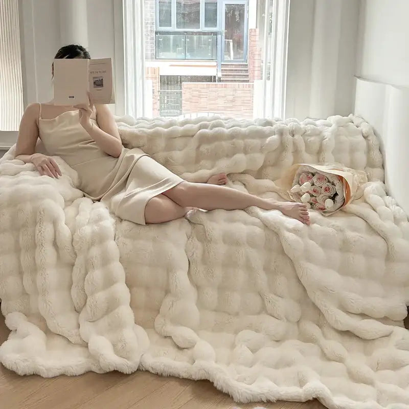 Off-white textured deluxe faux rabbit bedding set bedroom blanket