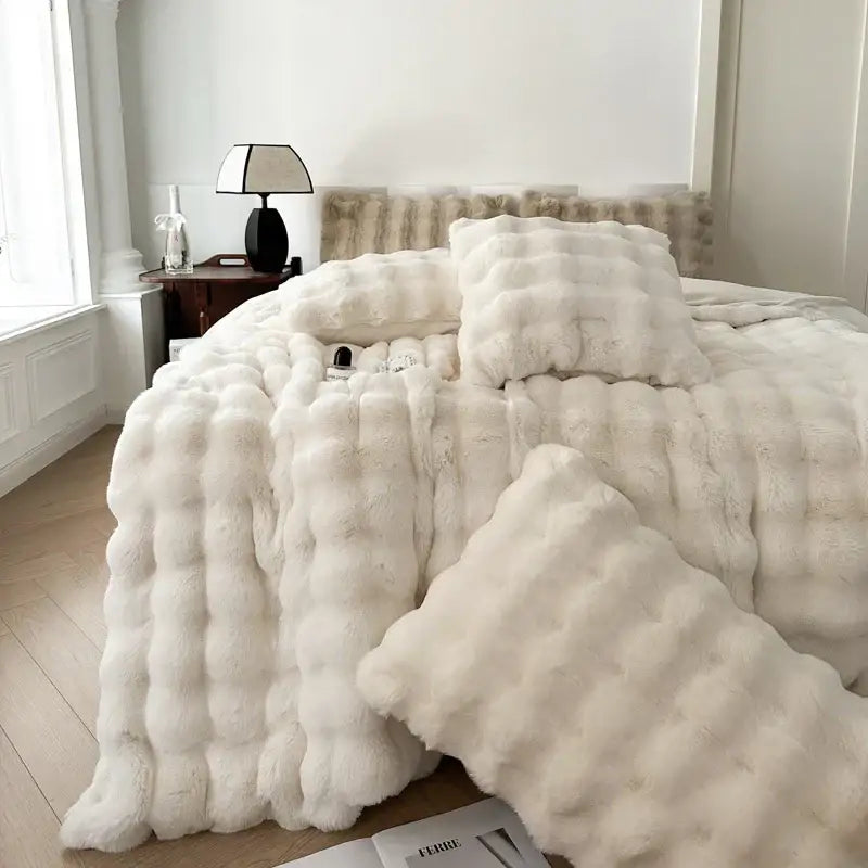Off-white textured deluxe faux rabbit bedding set bedroom blanket