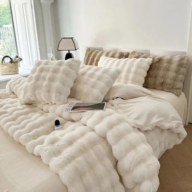 Off-white textured deluxe faux rabbit bedding set bedroom blanket