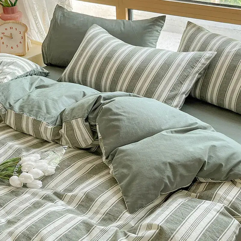 Olive & cream cotton striped bedding set bedroom duvet cover
