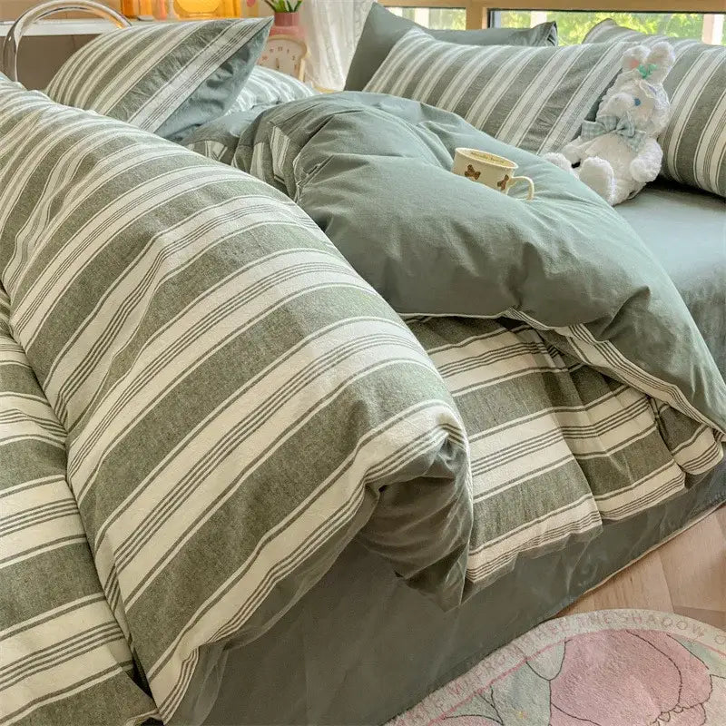 Olive & cream cotton striped bedding set bedroom duvet cover