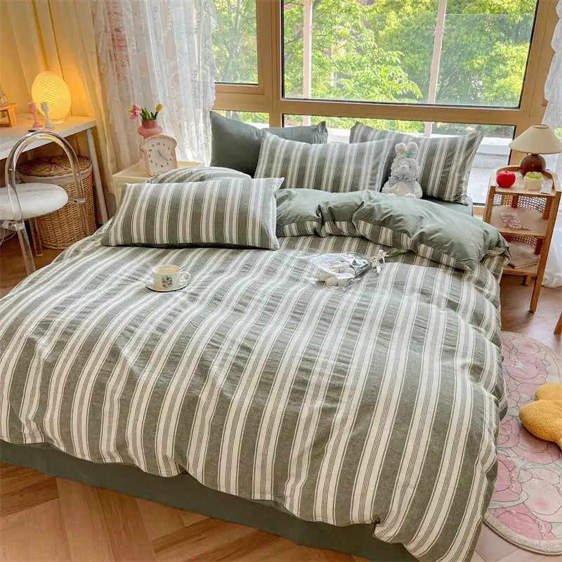 Olive & cream cotton striped bedding set bedroom duvet cover