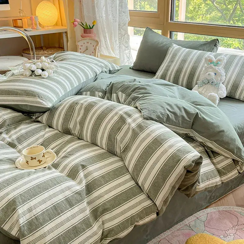 Olive & cream cotton striped bedding set bedroom duvet cover