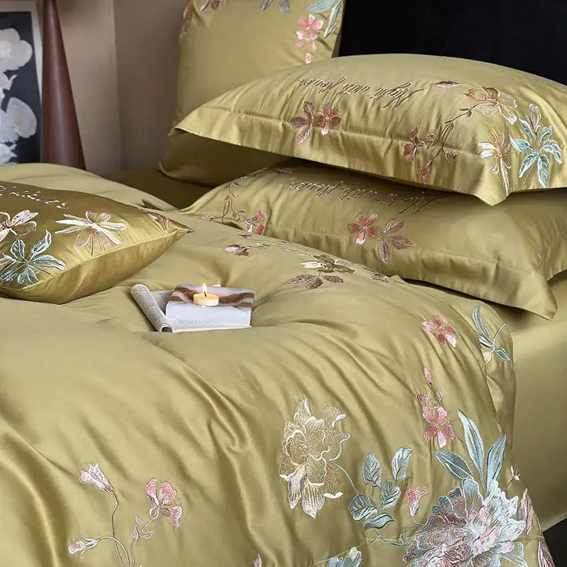 Olive green satin cotton flowers embroidery bedding set bedroom