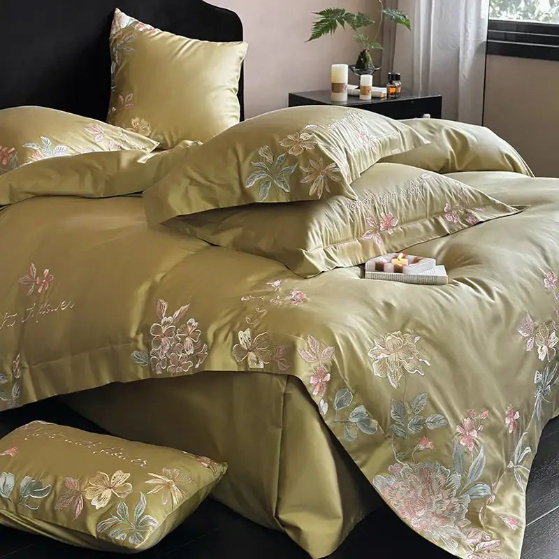 Olive green satin cotton flowers embroidery bedding set bedroom