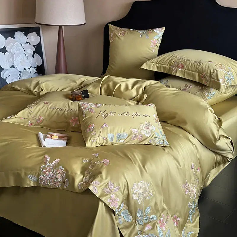 Olive green satin cotton flowers embroidery bedding set bedroom